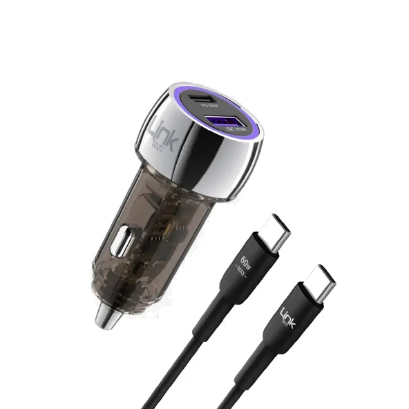 LinkTech C437 55W Dual PD30W + QC25W Şeffaf Araç Şarj Aleti Type-C to Type-C Kablo Set ürün görseli 1