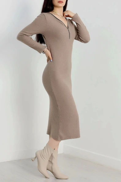 Fermuar detaylı fitilli şardonlu elbise bej a3178 - 3