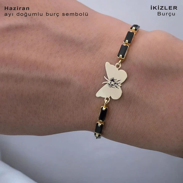 Burca Özel Kelebek Motifli Zincirli Siyah Taş Desenli 14 Ayar Altın Plakalı Hediye Bileklik-343 - Resim 2