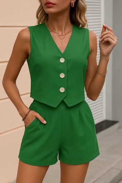 Kadın Kolsuz Askılı V Yakalı önden Düğmeli Ithal Keten Ceket Ve Short Ikili Takım ürün görseli