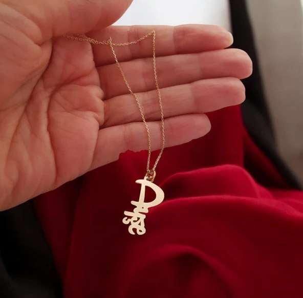 Bayanlar İçin Kişiye Özel İsim Kesimli Zincirli 14 Ayar Altın Plakalı Hediyelik Kolye-345 - Resim 2