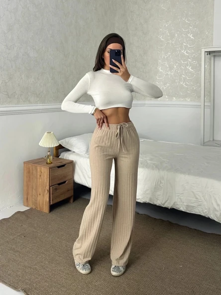 Fitilli şardonlu pantolon bej a4058 - 3