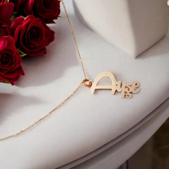 Bayanlar İçin Kişiye Özel İsim Kesimli Zincirli 14 Ayar Altın Plakalı Hediyelik Kolye-345 - Resim 4