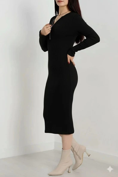 Fermuar detaylı fitilli şardonlu elbise siyah a3178 - 4