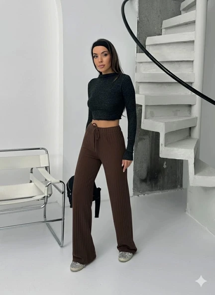Fitilli şardonlu pantolon kahve a4058 - Resim 3