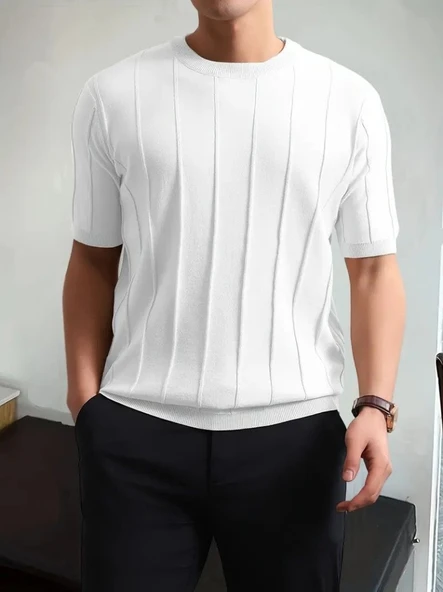 Erkek Kısa Kollu Bisiklet Yaka çizgili Triko Tshirt ürün görseli 1