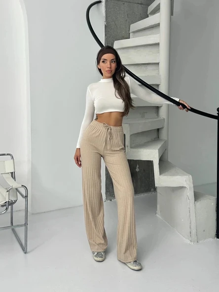 Fitilli şardonlu pantolon bej a4058 - 5