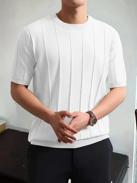 Erkek Kısa Kollu Bisiklet Yaka çizgili Triko Tshirt - Resim 4