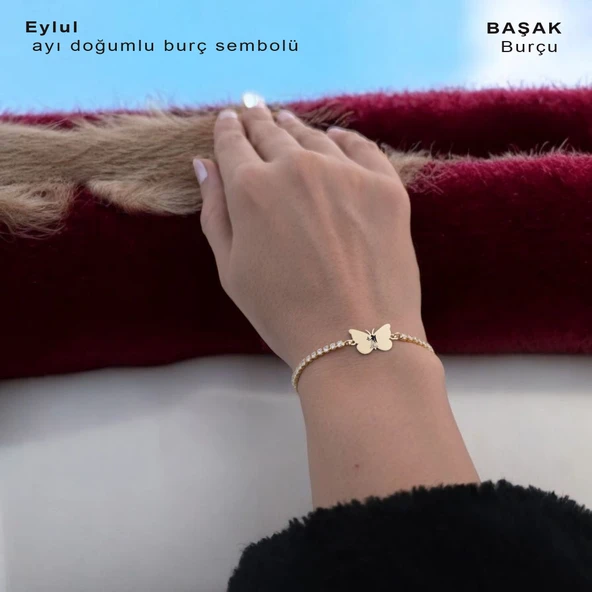 Burca Özel Kelebek Figürlü Zincirli Beyaz Taş Desenli 14 Ayar Altın Plakalı Hediye Bileklik-342 - Resim 2