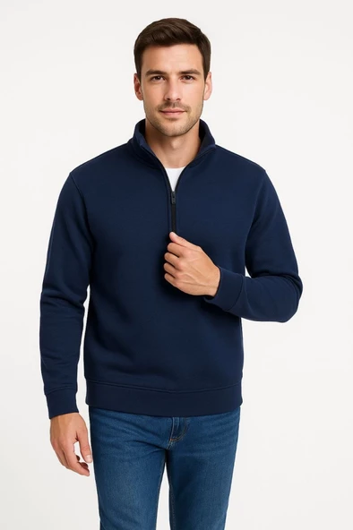 Erkek Dik Yaka Sweatshirt Dik Yaka Yarım Fermuarlı 3 İplik Şardonlu Pamuk Kumaş - Lacivert - 2