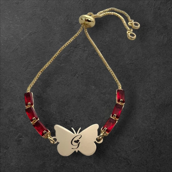 Harfe Özel 14 Ayar Altın Plakalı Kelebek Figürlü Zincirli Kırmızı Taş Desenli Hediye Bileklik-346 - Resim 2