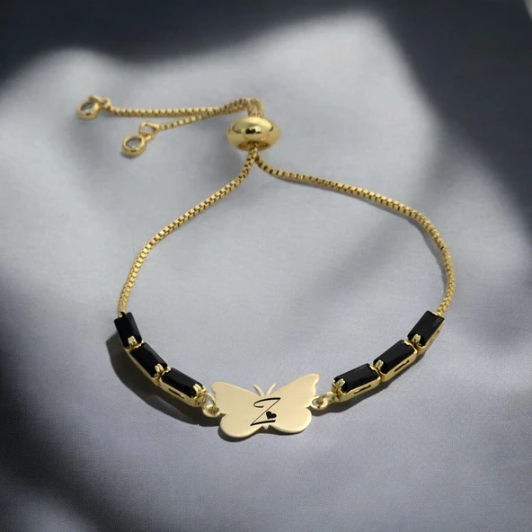 Harfe Özel 14 Ayar Altın Plakalı Kelebek Motifli Zincirli Siyah Taş Desenli Hediye Bileklik-343 ürün görseli