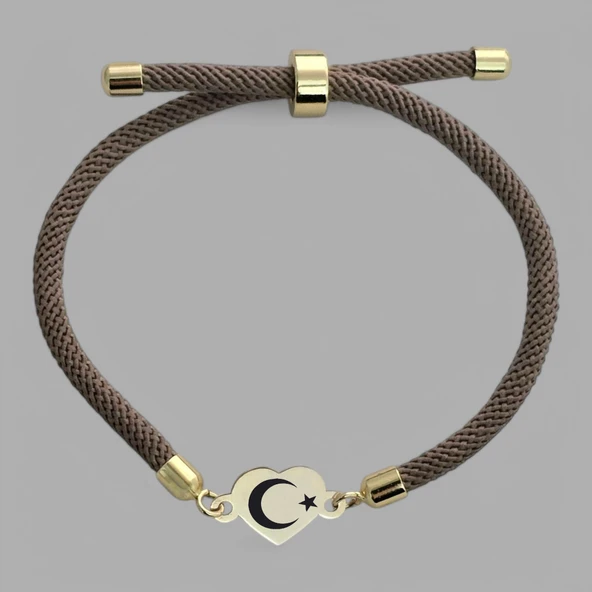 Sembole Özel Kahverengi İpek Örgülü 14 Ayar Altın Plakalı Kalp Motifli Hediye Bileklik-347 ürün görseli