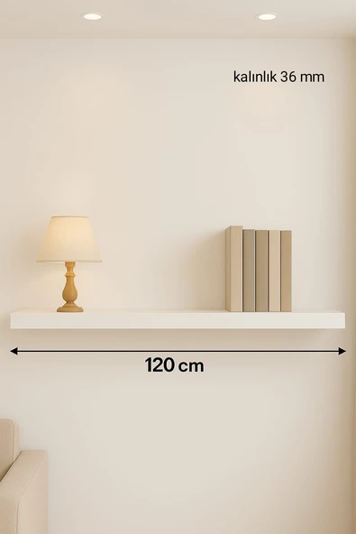 120 cm  36 mm Kalınlık Mat Beyaz Mdf Gizli Montaj Ahşap Duvar Rafı Uçan Raf Kitaplık ürün görseli