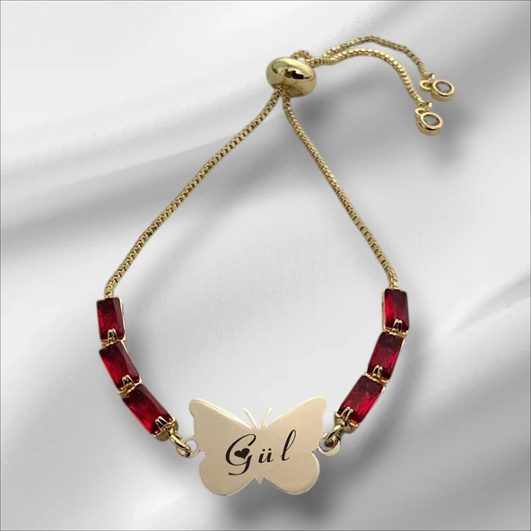 İsme Özel Kelebek Figürlü Zincirli Kırmızı Taş Desenli 14 Ayar Altın Plakalı Hediye Bileklik-346 - Resim 2