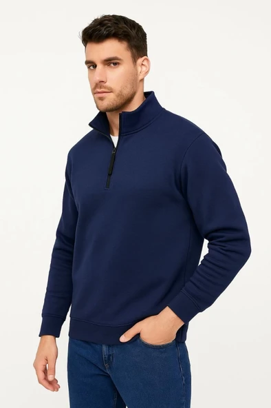 Erkek Dik Yaka Sweatshirt Dik Yaka Yarım Fermuarlı 3 İplik Şardonlu Pamuk Kumaş - Lacivert - 3