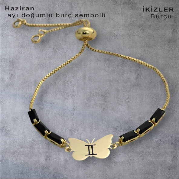 Doğum Ayına Özel 14 Ayar Altın Plakalı Kelebek Motifli Zincirli Siyah Taş Desenli Hediye Bileklik-343 ürün görseli