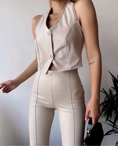 İki düğmeli deri yelek krem s243001 - 2