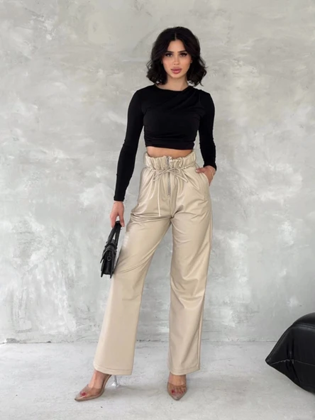 Kendinden ince kemerli deri pantolon bej t1178 - 5