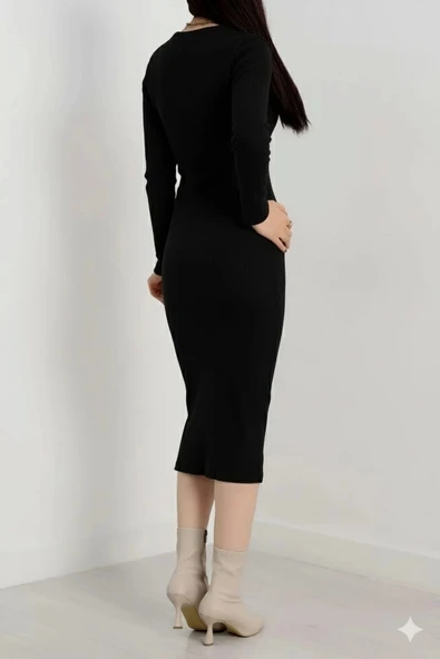 Fermuar detaylı fitilli şardonlu elbise siyah a3178 - 3
