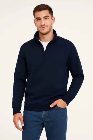 Erkek Dik Yaka Sweatshirt Dik Yaka Yarım Fermuarlı 3 İplik Şardonlu Pamuk Kumaş - Lacivert - 4