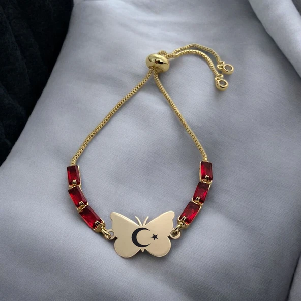Sembole Özel Zincirli Kırmızı Taş Desenli 14 Ayar Altın Plakalı Kelebek Figürlü Hediye Bileklik-346 - Resim 2