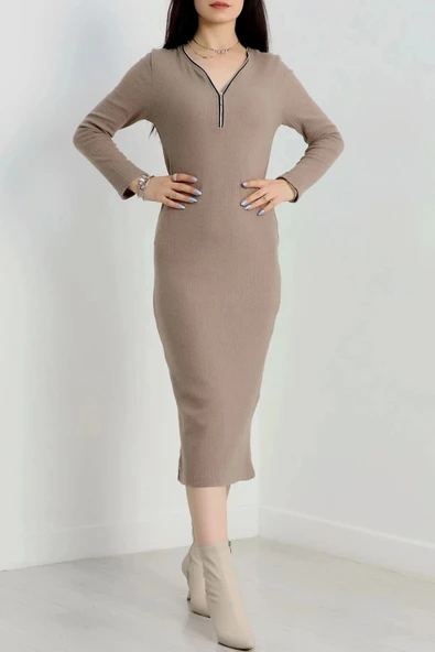 Fermuar detaylı fitilli şardonlu elbise bej a3178