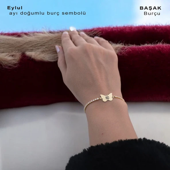 Doğum Ayına Özel 14 Ayar Altın Plakalı Kelebek Figürlü Zincirli Beyaz Taş Desenli Hediye Bileklik-342 - Resim 2