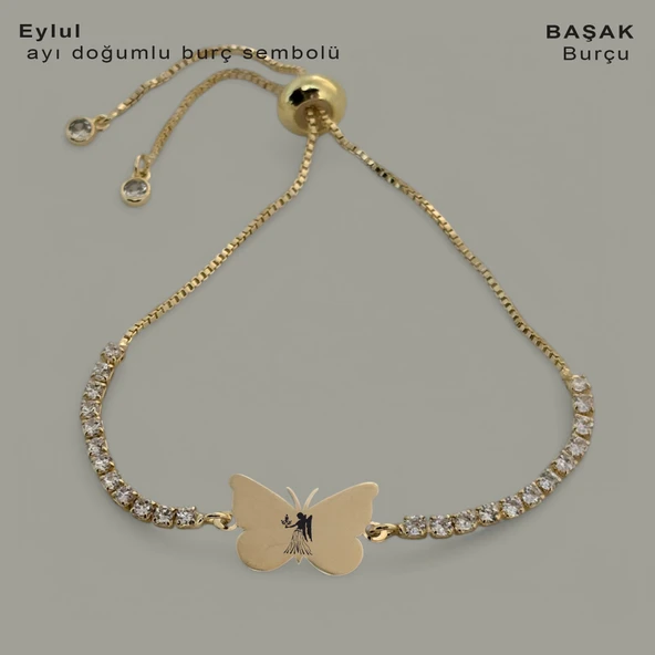 Burca Özel Kelebek Figürlü Zincirli Beyaz Taş Desenli 14 Ayar Altın Plakalı Hediye Bileklik-342 ürün görseli