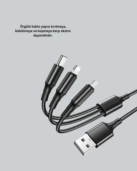 3’ü 1 Arada Hızlı Şarj Kablosu – iOS Android Type-C Uyumlu - 3