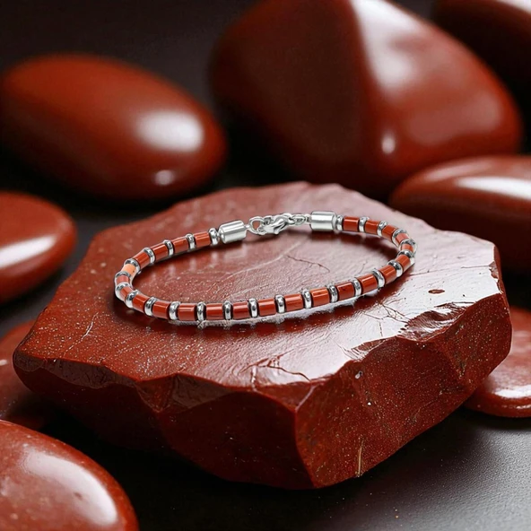 Kırmızı Jasper & Silver Hematit Taşlı Ayarlanabilir Çelik Zincir Erkek Bileklik 31832B10D4M5 - Resim 2