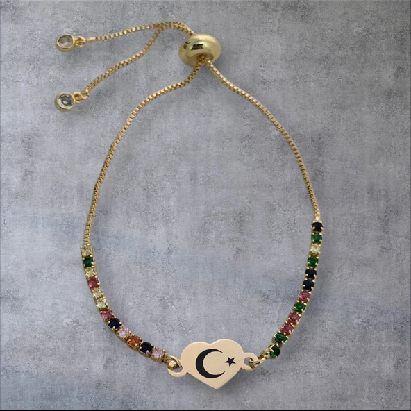 Sembole Özel Zincirli Renkli Taş Desenli 14 Ayar Altın Plakalı Kalp Figürlü Hediye Bileklik-348 ürün görseli