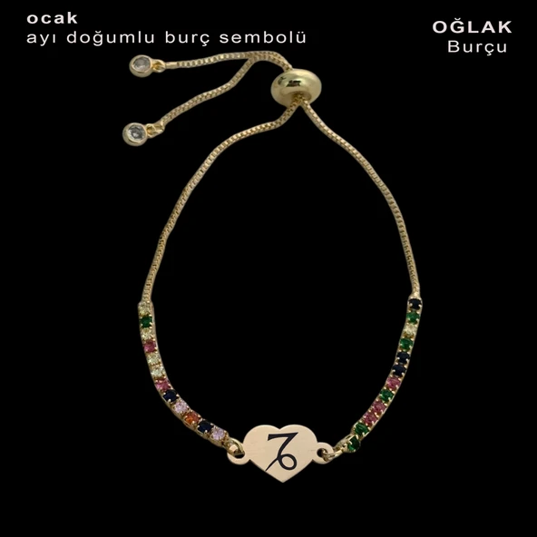Doğum Ayına Özel 14 Ayar Altın Plakalı Kalp Figürlü Zincirli Renkli Taş Desenli Hediye Bileklik-348 ürün görseli