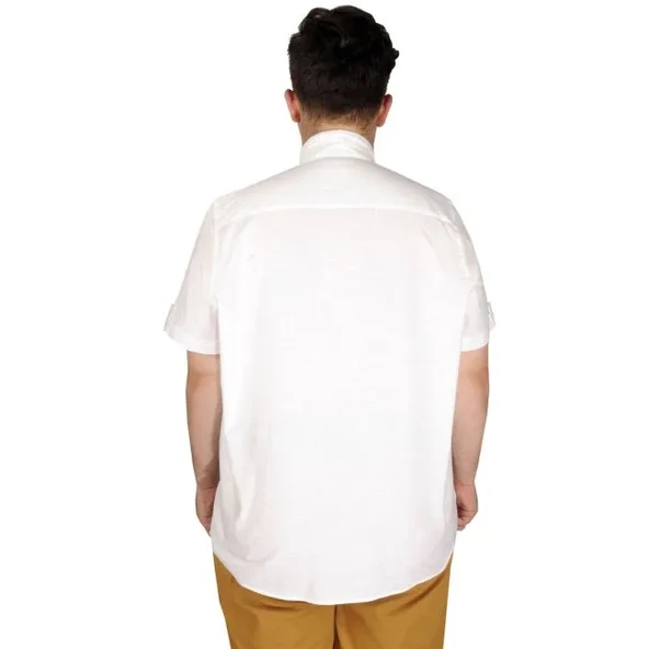 Büyük Beden Keten Likralı Gömlek Cepli 20389 Beyaz - Resim 4