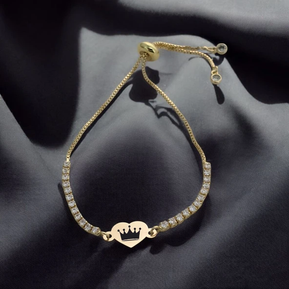 Sembole Özel Zincirli Beyaz Taş Desenli 14 Ayar Altın Plakalı Kalp Figürlü Hediye Bileklik-350 ürün görseli