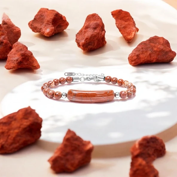 Kırmızı Jasper Doğaltaş Çelik Halat Ve Çelik Klipsli Bileklik 31832B19D5 - Resim 3