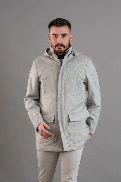 SİR KAPŞONLU FERMUAR KAPAMALI REGULAR FİT ERKEK KAŞE KABAN - 6