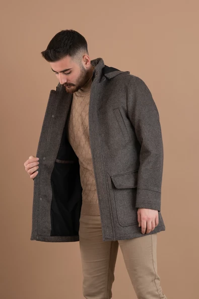 SİR KAPŞONLU FERMUAR KAPAMALI REGULAR FİT ERKEK KAŞE KABAN - 12