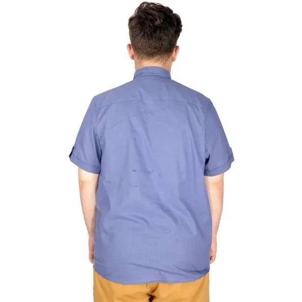 Büyük Beden Keten Likralı Gömlek Cepli 20389 İndigo - 4