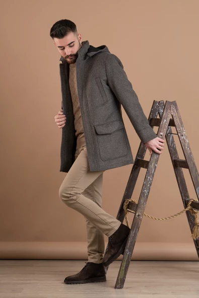 SİR KAPŞONLU FERMUAR KAPAMALI REGULAR FİT ERKEK KAŞE KABAN - 10