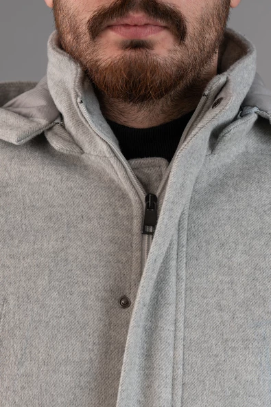 SİR KAPŞONLU FERMUAR KAPAMALI REGULAR FİT ERKEK KAŞE KABAN - 8