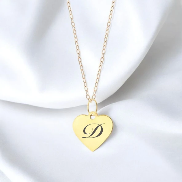Harfe Özel 14 Ayar Altın Plakalı Kalp Motifli Sevgililer Günü İçin Hediyelik Kolye-352 - Resim 2