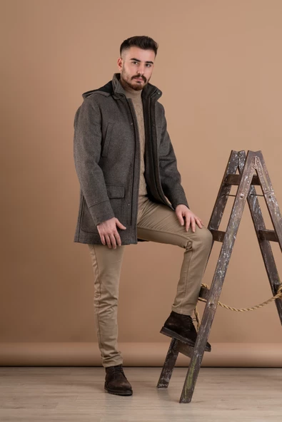 SİR KAPŞONLU FERMUAR KAPAMALI REGULAR FİT ERKEK KAŞE KABAN - 9