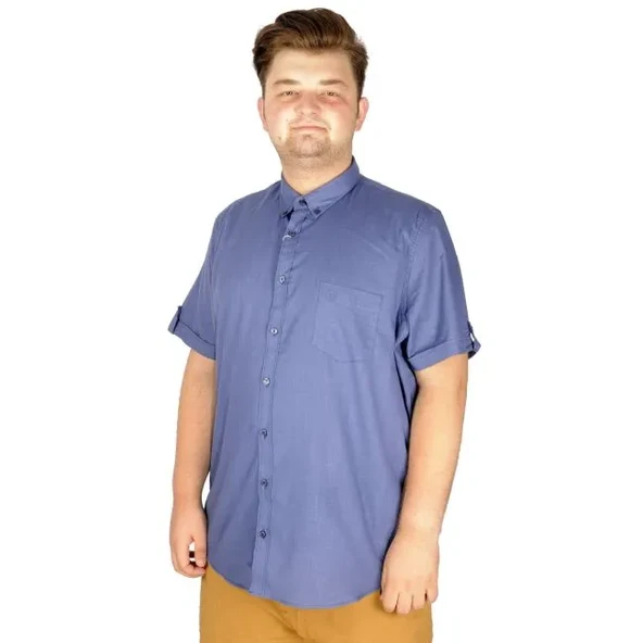 Büyük Beden Keten Likralı Gömlek Cepli 20389 İndigo