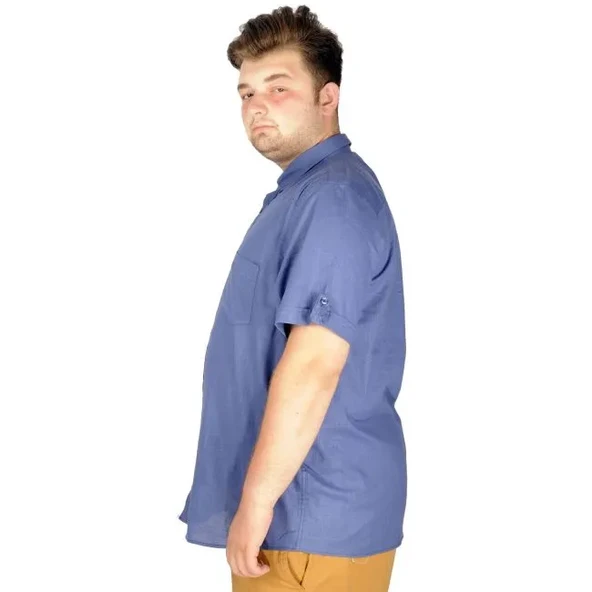 Büyük Beden Keten Likralı Gömlek Cepli 20389 İndigo - 3