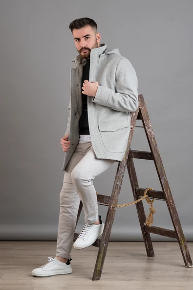 SİR KAPŞONLU FERMUAR KAPAMALI REGULAR FİT ERKEK KAŞE KABAN - 3