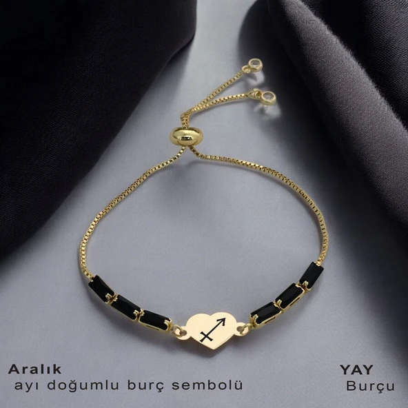 Doğum Ayına Özel 14 Ayar Altın Plakalı Kalp Motifli Zincirli Siyah Taş Desenli Hediye Bileklik-351 - 1
