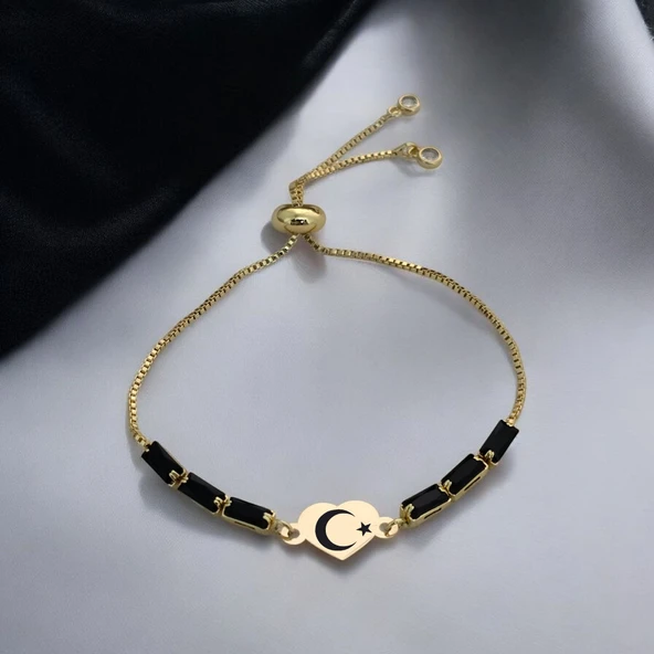 Sembole Özel Zincirli Siyah Taş Desenli 14 Ayar Altın Plakalı Kalp Motifli Hediye Bileklik-351 ürün görseli