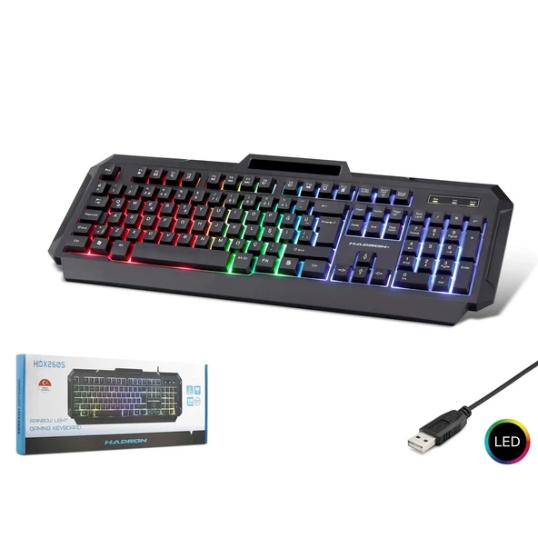 Hadron HDX2605 Türkçe-Q FN Multimedia Gökkuşağı Ledli Telefon Standlı 1.40mt USB Kablolu Oyuncu Klavyesi - Siyah ürün görseli 1