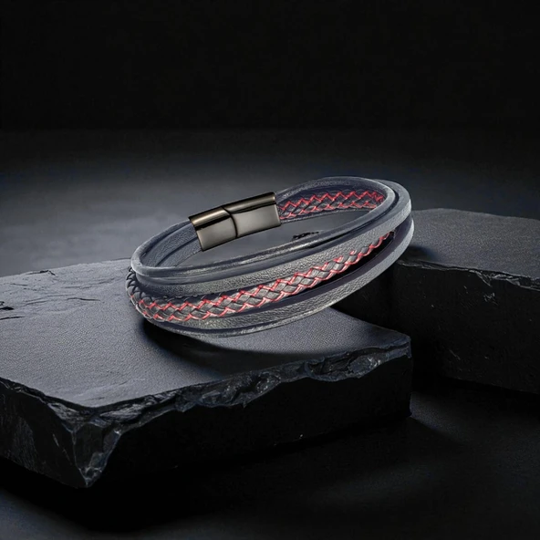 Kırmızı Siyah Çoklu Deri Bileklik 31833B2D6 ürün görseli 1